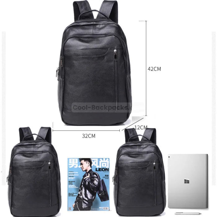 Black Leather Work Backpack - Black