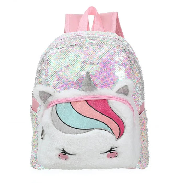 Fluffy Sequin Unicorn Backpack - Whtie