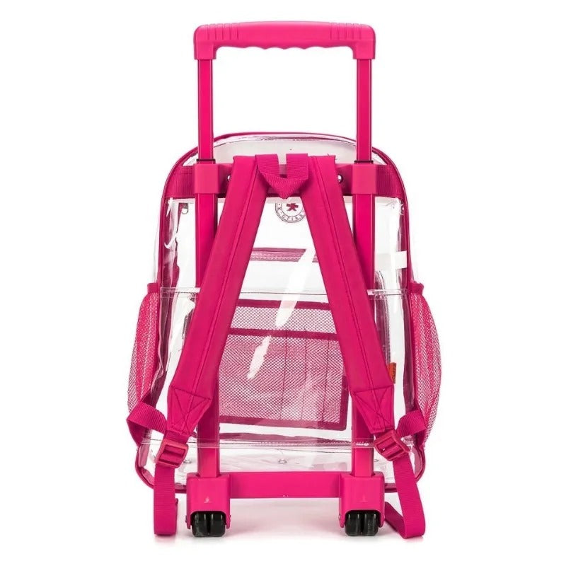 Mochila con ruedas transparente rosa